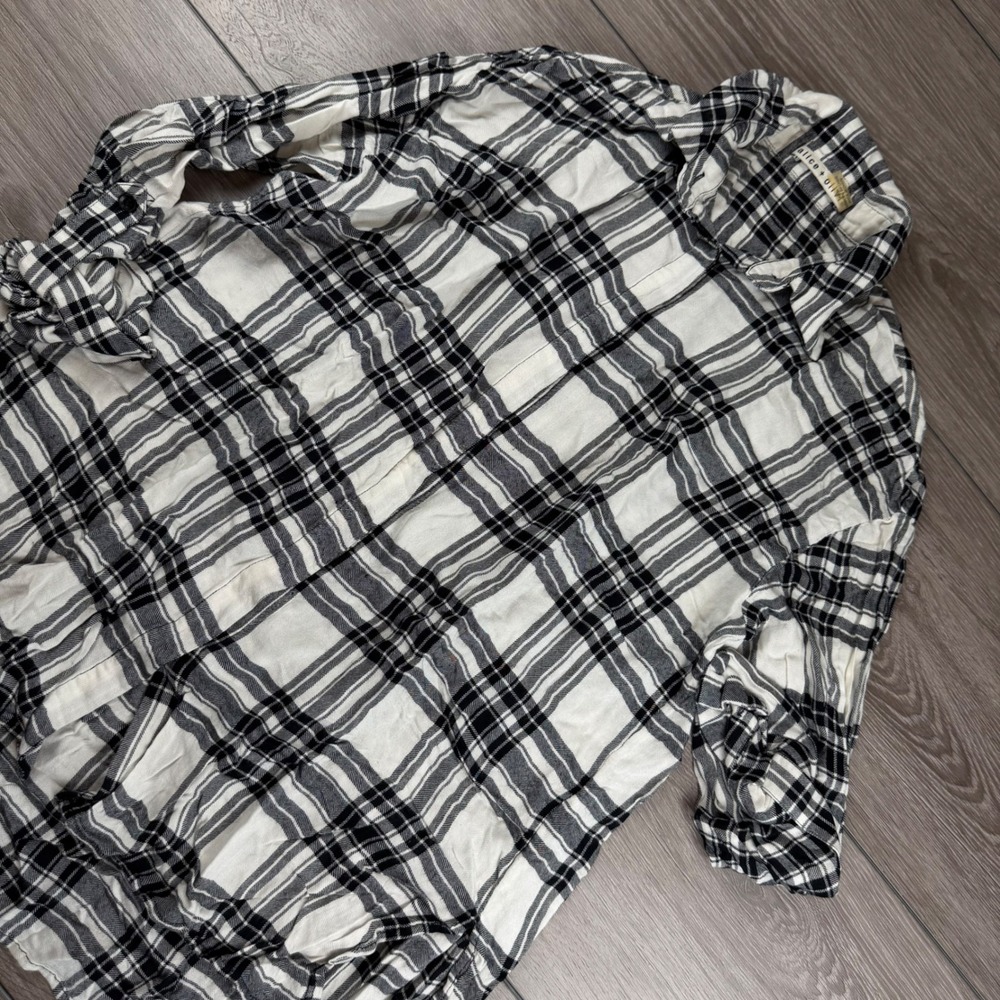 Alice + Olivia Women Top Plaid Button Down Roll Tab Sleeve Black White XS